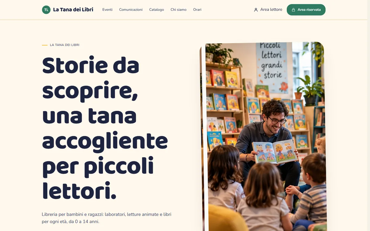 Home della vetrina d'esempio «La Tana dei Libri», modello Ragazzi e famiglie