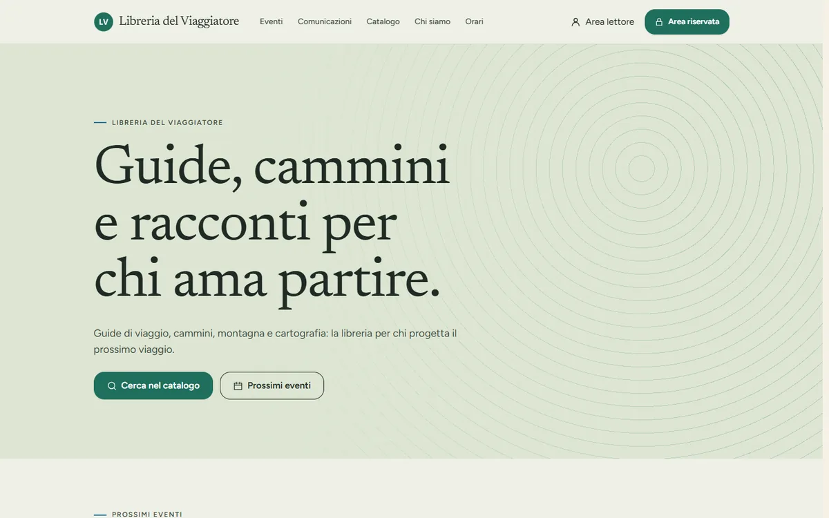 Home della vetrina d'esempio «Libreria del Viaggiatore», modello Natura e viaggi