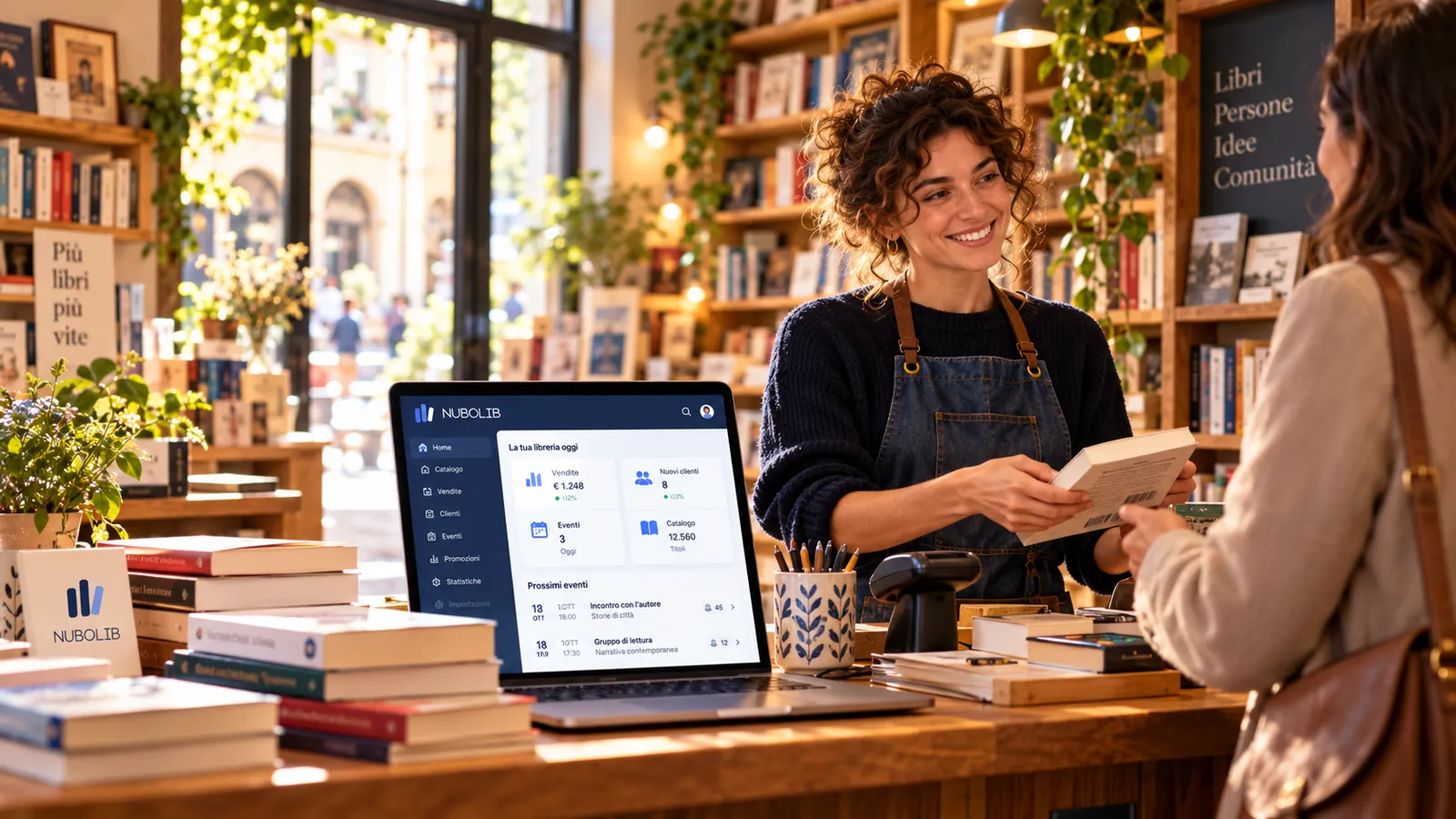 Immagine generata con IA: Libraia al banco di una libreria accogliente, accanto al laptop con la dashboard NuboLib