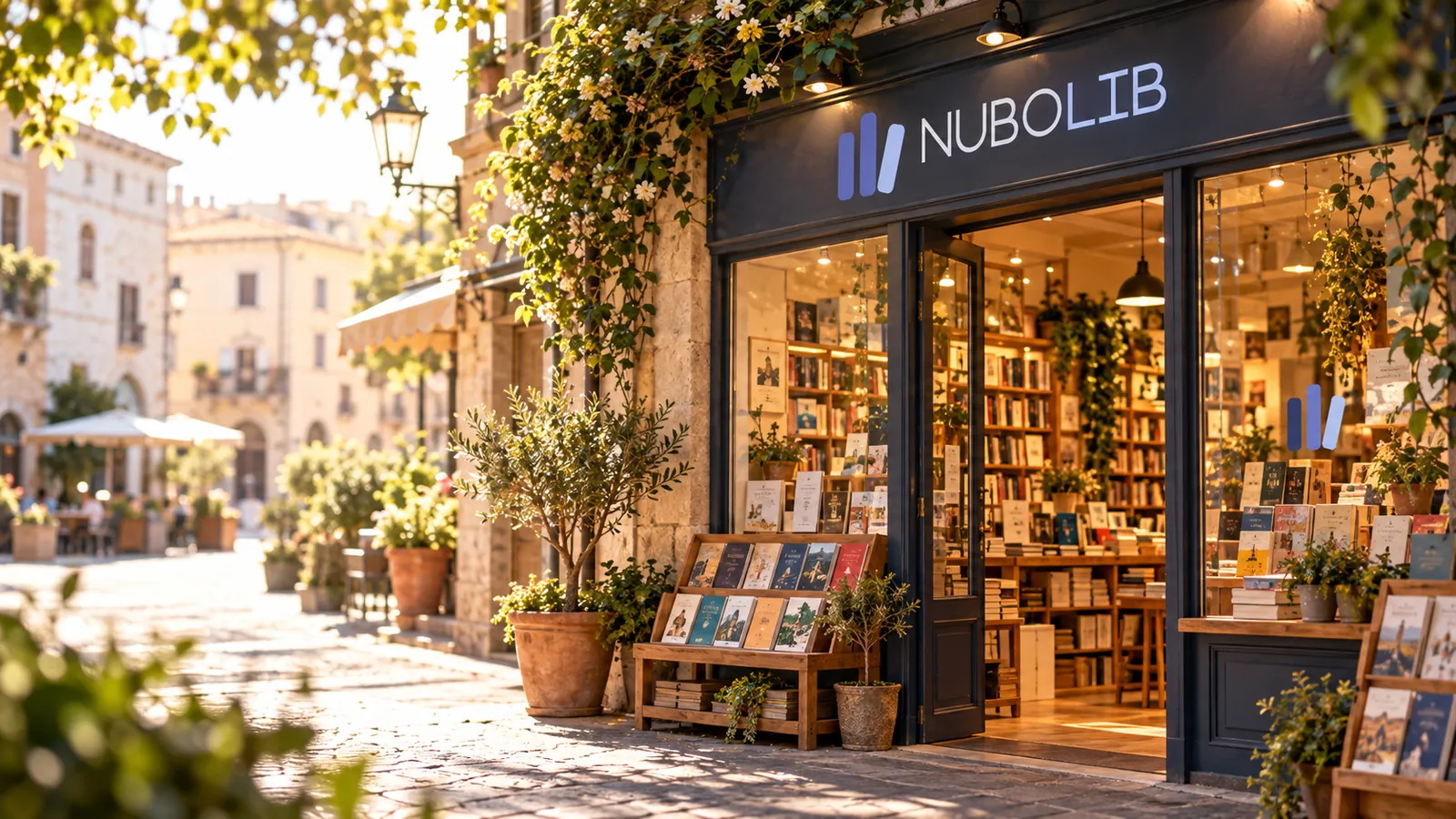 Immagine generata con IA: Una libreria affacciata su una piazza al tramonto