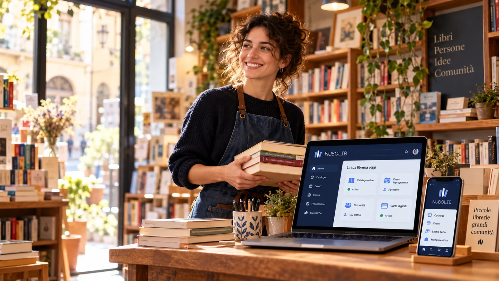 Immagine generata con IA: Lettori tra gli scaffali di una piccola libreria di quartiere