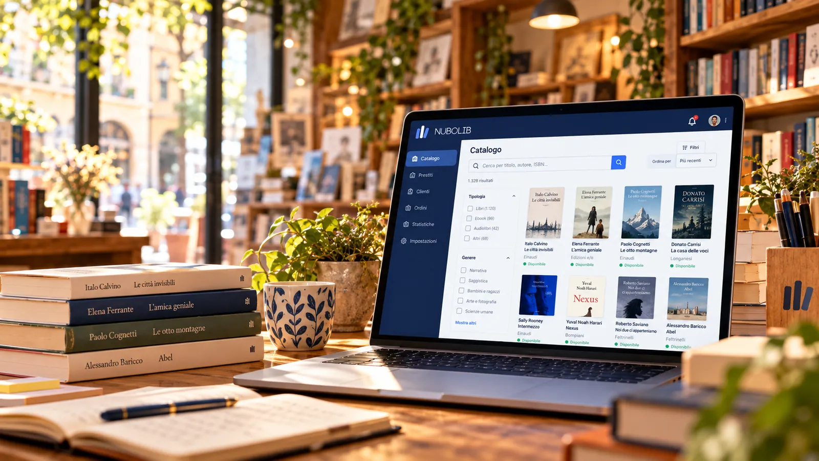 Immagine generata con IA: Laptop con il catalogo NuboLib sul banco di una libreria