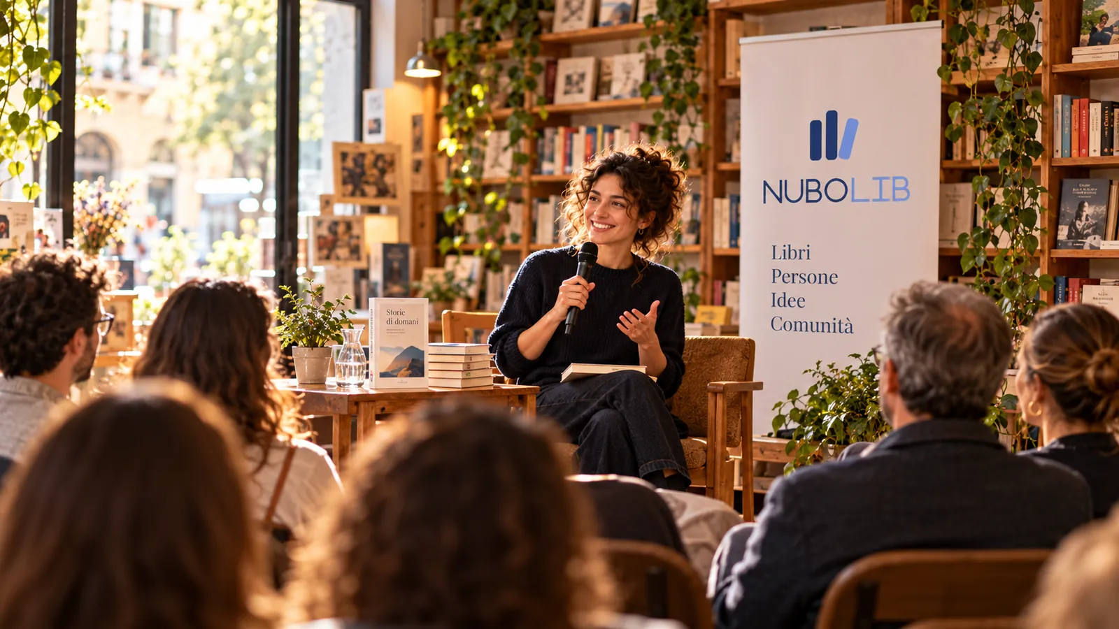 Immagine generata con IA: pubblico seduto tra gli scaffali durante un incontro letterario in libreria
