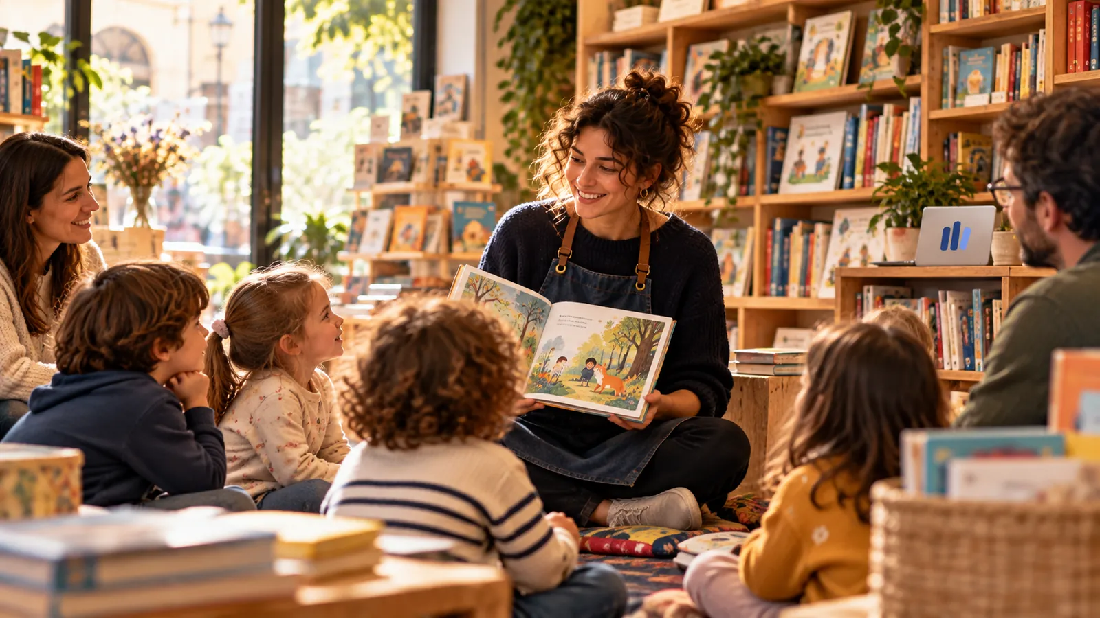 Immagine generata con IA: Un laboratorio di lettura per famiglie in un angolo della libreria
