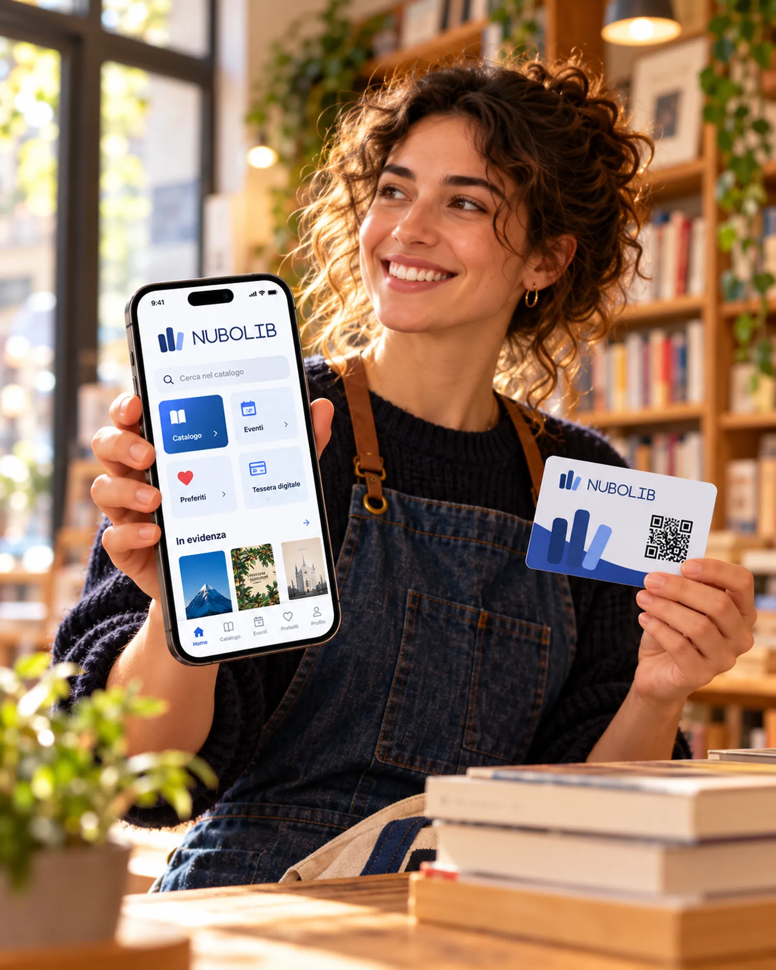 Immagine generata con IA: Lettori in negozio con l'app e la tessera della libreria sullo smartphone