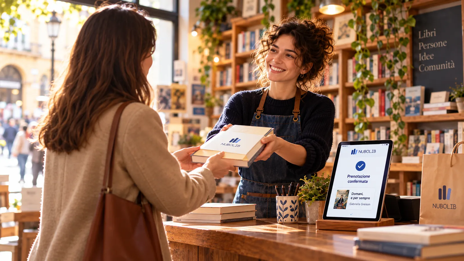 Immagine generata con IA: Tablet con una prenotazione confermata sul banco della libreria
