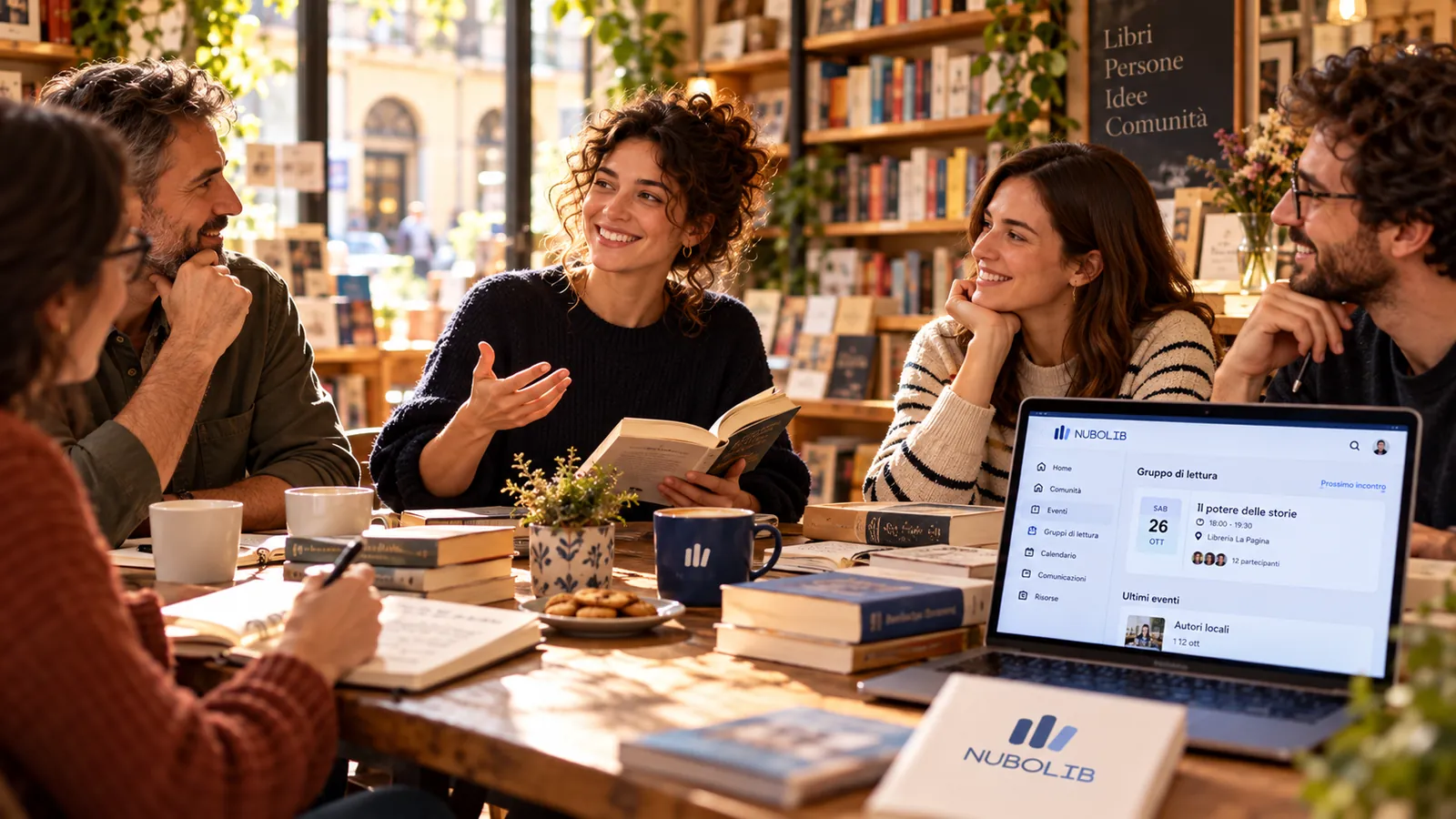 Immagine generata con IA: Gruppo di lettura riunito attorno a un tavolo in libreria