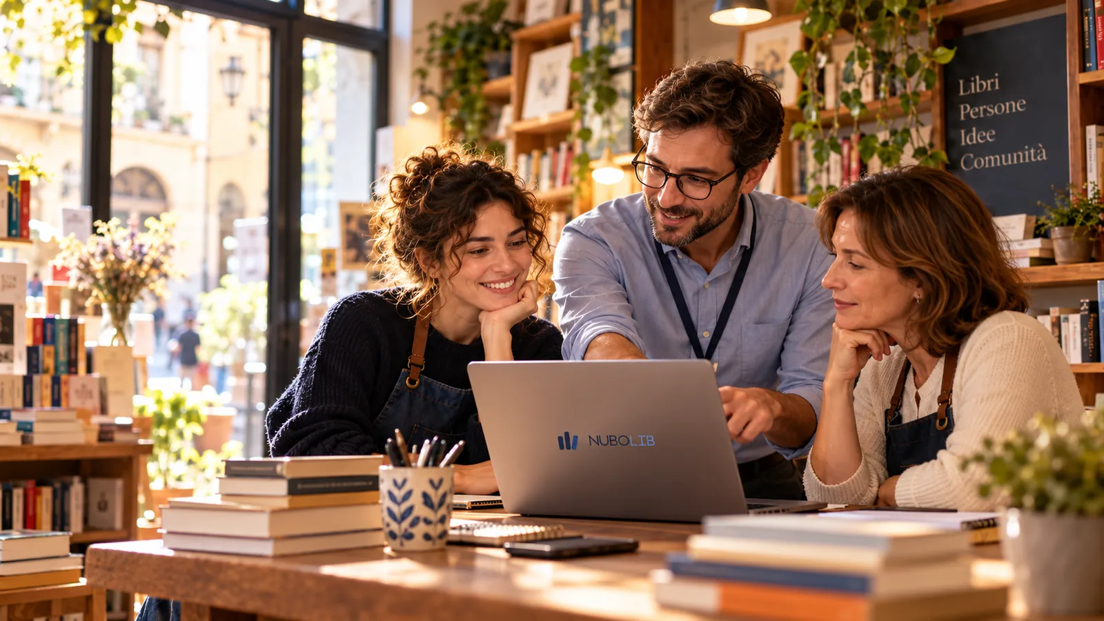Immagine generata con IA: Formazione digitale al banco: un consulente affianca la libraia