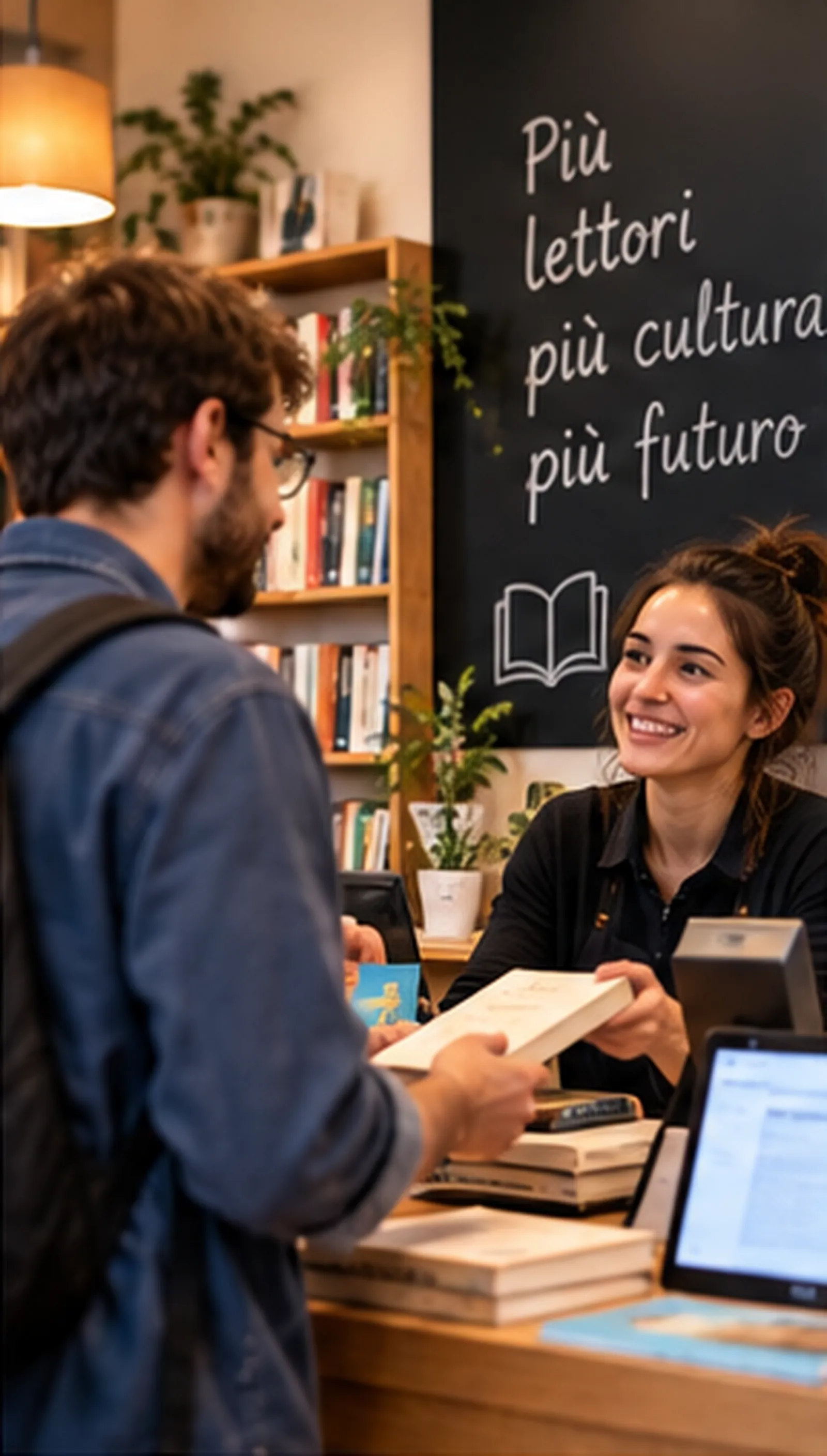 Immagine generata con IA: Un cliente ritira al banco il libro prenotato