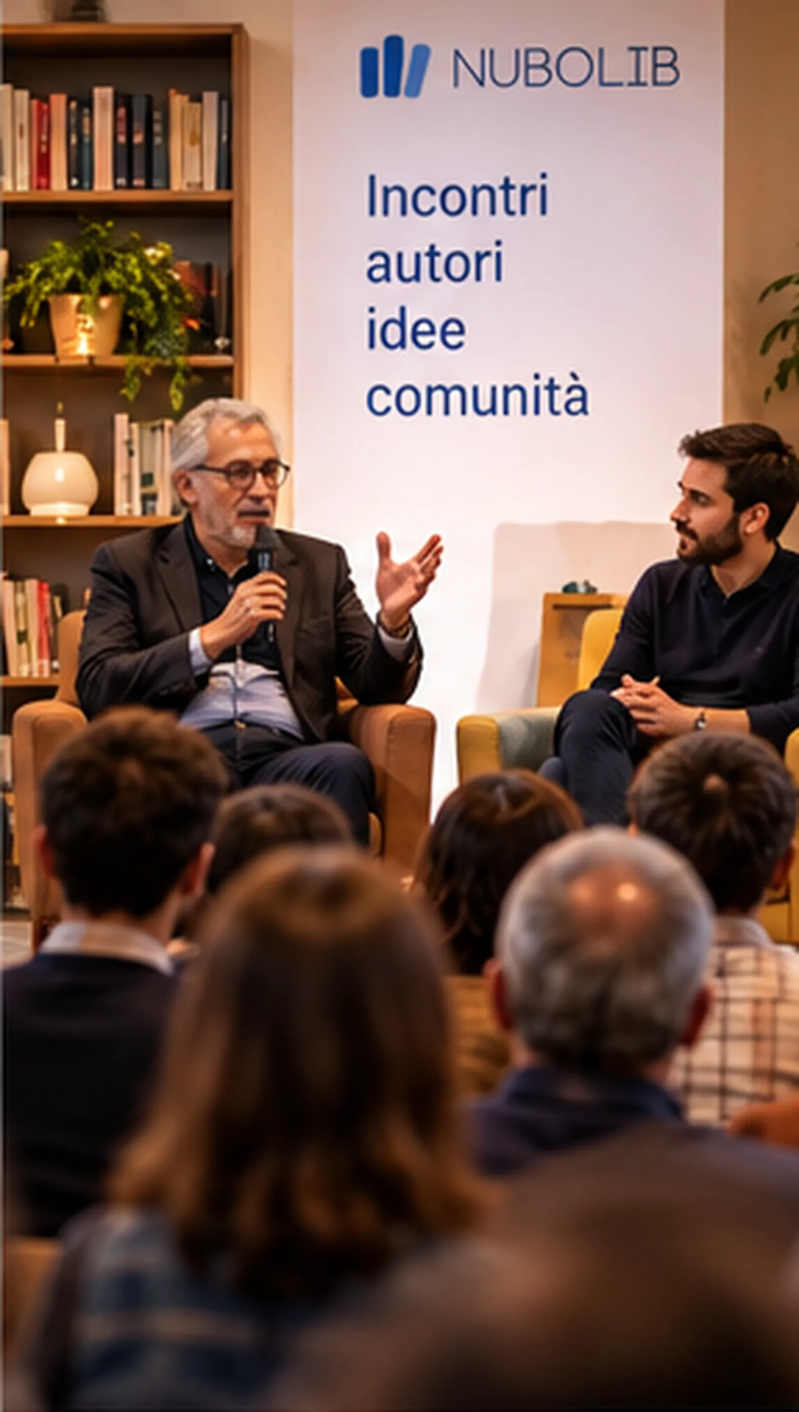 Immagine generata con IA: Un autore dialoga con il pubblico in libreria