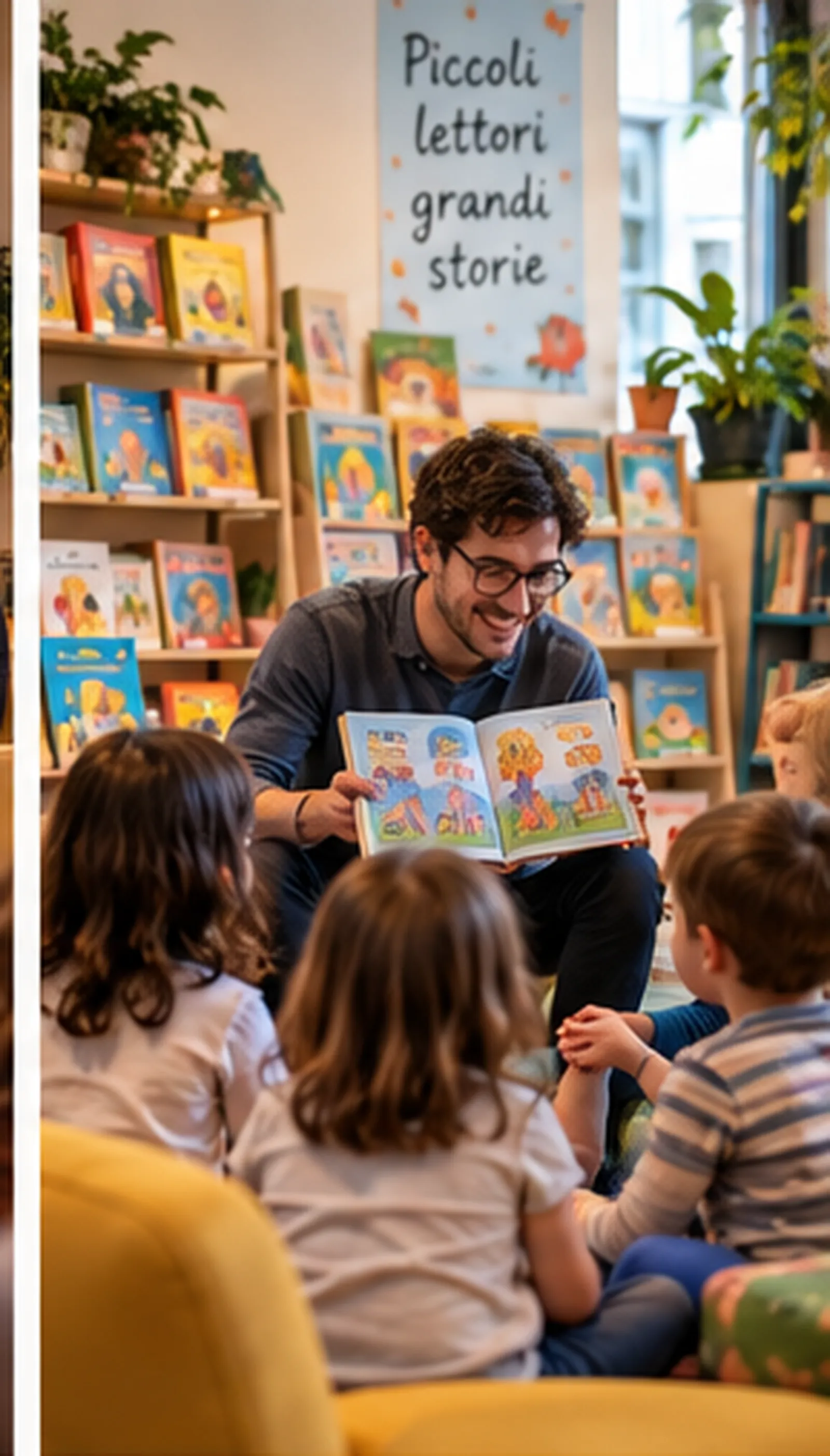 Immagine generata con IA: Lettura ad alta voce per bambini in libreria